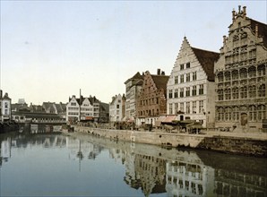 Boathouses on the canal in Ghent, Belgium, ca 1895, Historical, digitally restored reproduction