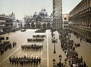 Military parade on St Mark's Place, Venice, Italy, Historic, digitally restored reproduction from a