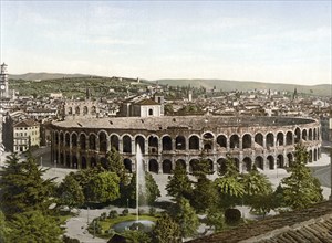 The Arena, Verona, Italy, Historic, digitally restored reproduction from a 19th century original,