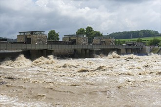 Symbolic image Extreme weather, global warming, climate change, floods, barrage on the Neckar