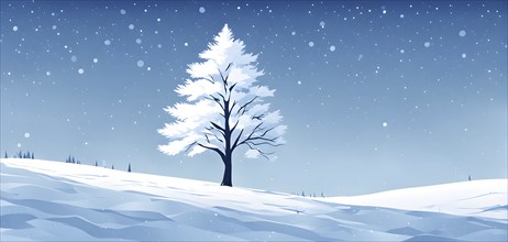 Abstract minimalist winter scene with a single, sharp silhouette of a snow-covered tree on a vast,