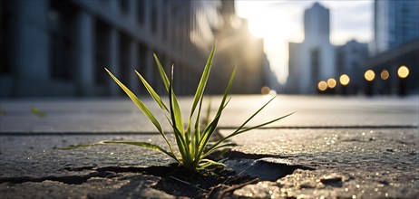 A single blade of grass pushing through a crack in a concrete sidewalk, representing the simplicity