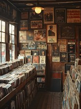 Vintage record store with dusty vinyl albums in wooden crates, old band posters on the walls, and