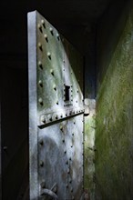 Bunker door from outside, Bunker Cheneux, dark, rays of light, 2nd World War, built 1933-1936,