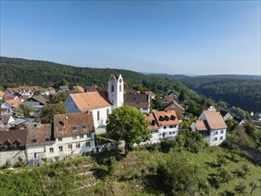 Aerial view of the old town and St Nicholas church, Aach im Hegau, Constance district,