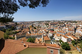 Panoramic view of Lisbon cityscape with terracotta rooftops under a clear blue sky, Lisbon