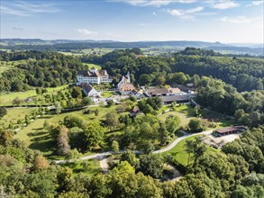 Aerial view of Langenstein Castle near Eigeltingen with surrounding golf course, Hegau, district of