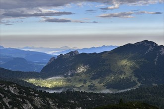 View from the Edelweißlahner to the horse-rider Alm high plateau with the alpine huts and the