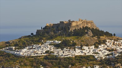 Evening light or late afternoon light, Acropolis and St John's Fortress of Lindos, Lindos village,