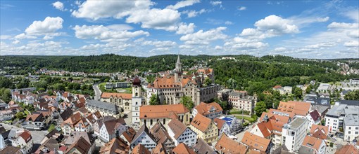 Aerial view, panorama of the town of Sigmaringen with the Hohenzollern castle above the old town,