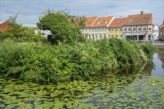 Houses at a pond in the old town of Nyborg, Funen, Fyn, Fyn Island, Denmark, Scandinavia, Europe