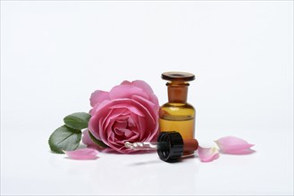 Rose oil, rose blossom and rose oil in vials