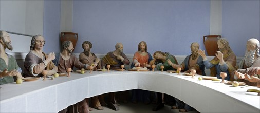 The Last Supper, Jesus and his apostles, terracotta figures by Silva de Morbio, in the pilgrimage