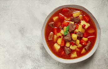 Meat goulash, with potatoes and carrots, sweet pepper, traditional Hungarian soup, homemade, no