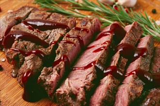 Fresh fried rib eye steak, on a chopping board, with barbecue sauce, homemade, close-up