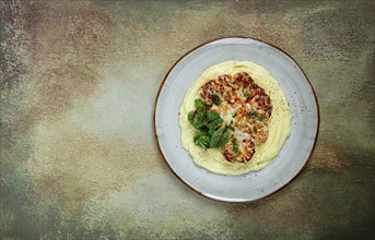 Cauliflower steak, with mashed potatoes, spices and herbs, homemade, no people