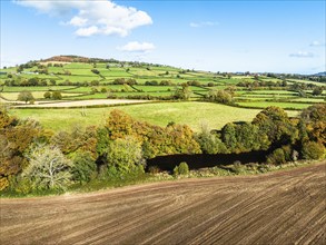 Fields and Farms over River Usk from a drone, Brecon, Brecon Beacons, Powys, Wales, England, United