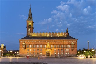 Copenhagen City Hall on the town hall square Rådhuspladsen at dusk, Copenhagen, Denmark, Europe