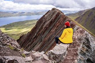 Female hiker in the Peruvian Andes, Pallay Punchu Rainbowmountain, Layo, Peru, South America