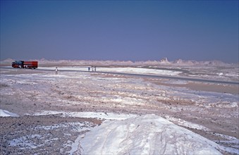 Rotel-Tours coach, tourists, mountains, White Desert, Libyan Desert, Egypt, Africa