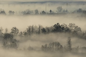 Foggy mood, fog, morning light, backlight, church tower, autumn, Loisach-Lake Kochel moor, view of