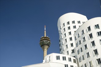 Gehry buildings and television tower, Media Harbour, Neuer Zollhof, Düsseldorf, North