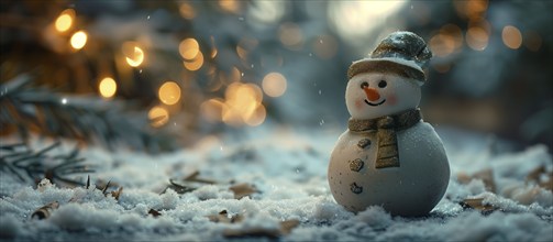 A cheerful christmas snowman in a winter snowy scene banner. generative AI., AI generated