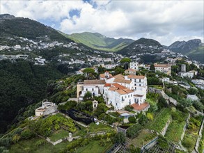 View of Ravello from a drone, Amalfi Coast, Tyrrhenian Sea, Salerno, Campania, Italy, Europe