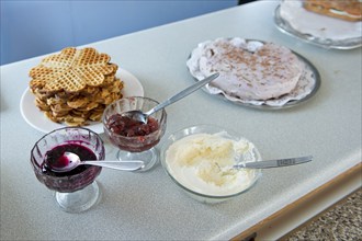 Freshly baked waffles with jam, compote and cream, Mykines, Útoyggjar, Faroe Islands, Denmark,