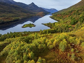 Fjord, coast, mountain landscape, reflection, island, autumn, autumn colours, aerial view, Loch