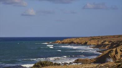 Rocky coast with undulating sea and blue sky in the background, west coast, Karpathos, Dodecanese,