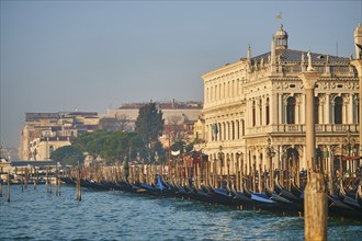 Gondolas lying in the water in front of the doges palace on a foggy morning at sunrise in Venice in