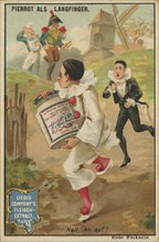 Series Stories of Pierrot, as thief, long finger, carries away the Liebig glass and the people