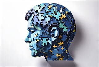 Human head silhouette made from puzzle pieces, isolated on a pure background, AI generated