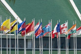 Many flags in front of the United Nations Conference Centre, Bangkok, Thailand, Asia