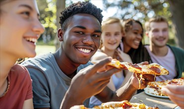 Diverse young smiling happy people enjoy pizza outside. Black, Asian and Caucasian friends, AI