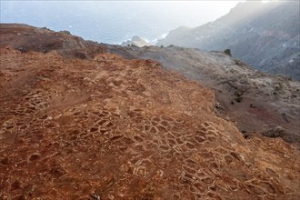 Aerial view, red earth, erosion, La Gomera, Canary Islands, Spain, Europe