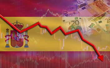 Financial fall of Spain on economy market. Spain financial crisis on economic graph