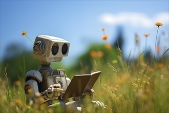 AI learning concept, a cute robot reading a book in a summer meadow. The image captures the harmony