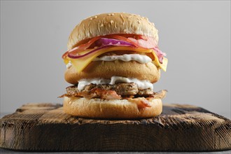 Monster double burger on wooden serving board, front view