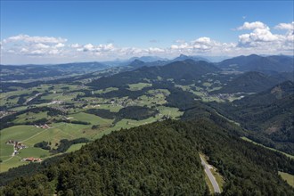 Drone shot, view from Gaisberg to Koppl, Gaisbergstraße, Osterhorngruppe, Flachgau, Land Salzburg,