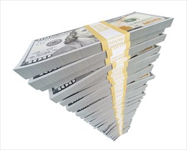 Tall stack of one million dollars in one hundred dollar bills isolated on a white background