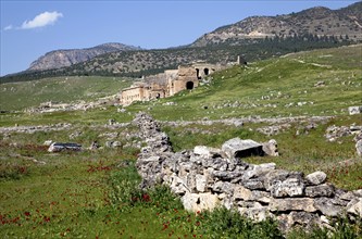 Remains, ruins in Hierapolis, in the background ruins of the ancient theatre Hieropolis, near