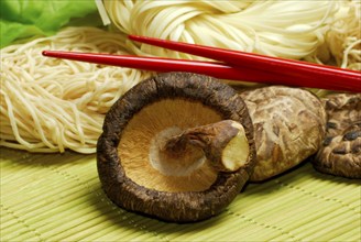 Shitake mushrooms, dried, and Asian noodles, Shiitake (Lentinus edodes) Shitake, chopsticks