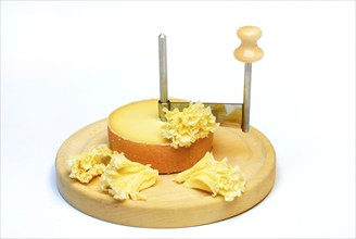 Cheese 'Tete de Moine' with rotating knife Girolle, cheese rosettes, monk's head