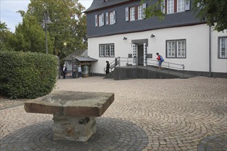 Inner courtyard with stone table at the Diocesan Museum, Old Town, Limburg, Hesse, Germany, Europe