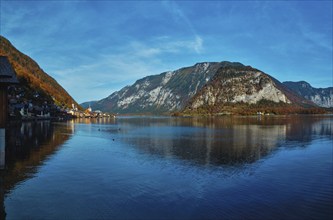 Panorama of Austrian tourist destination Hallstatt village on Hallstatter See in Austrian alps in