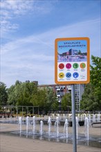 Sign, Water maze playground, Gronau, Münsterland, North Rhine-Westphalia, Germany, Europe