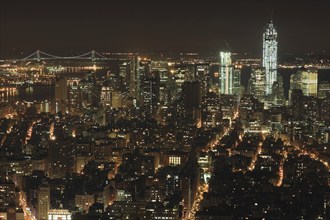 Manhattan at night, brightly lit city, photographed from the Empire State Building, New York, USA,