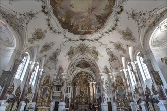 Ceiling vault with chancel of the Baroque Church of St. Andrew, Nesselwang, Bavaria, Germany,